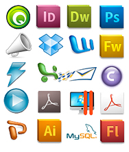 software icons for Quark Xpress, IndDesign, Dreamweaver, Photoshop, eblast, Dropbox, Microsoft Word, Fireworks, Powerpoint, Outlook eblast, Contribute, Acrobat, MySQL, Flash and others